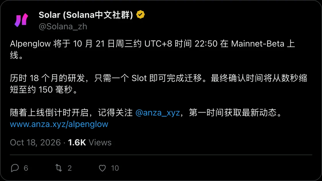 @Solana_zh on X, 2026-10-18: Alpenglow 将于 10 月 21 日周三约 UTC+8 时间 22:50 在 Mainnet-Beta 上线。

历时 18 个月的研发，只需一个 Slot 即可完成迁移。最终确认时间将从数秒缩短至约 150 毫秒。

随着上线倒计时开启，记得关注 @anza_xyz，第一时间获取最新动态。
https://www.anza.xyz/alpenglow